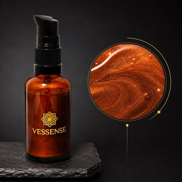 VESSENSE L'HUILE BRONZE GRAND LARGE in einer 50-ml-Bernsteinglasflasche mit schwarzer Pumpe neben einer Nahaufnahme feinen Bronze-Gold-Schimmers