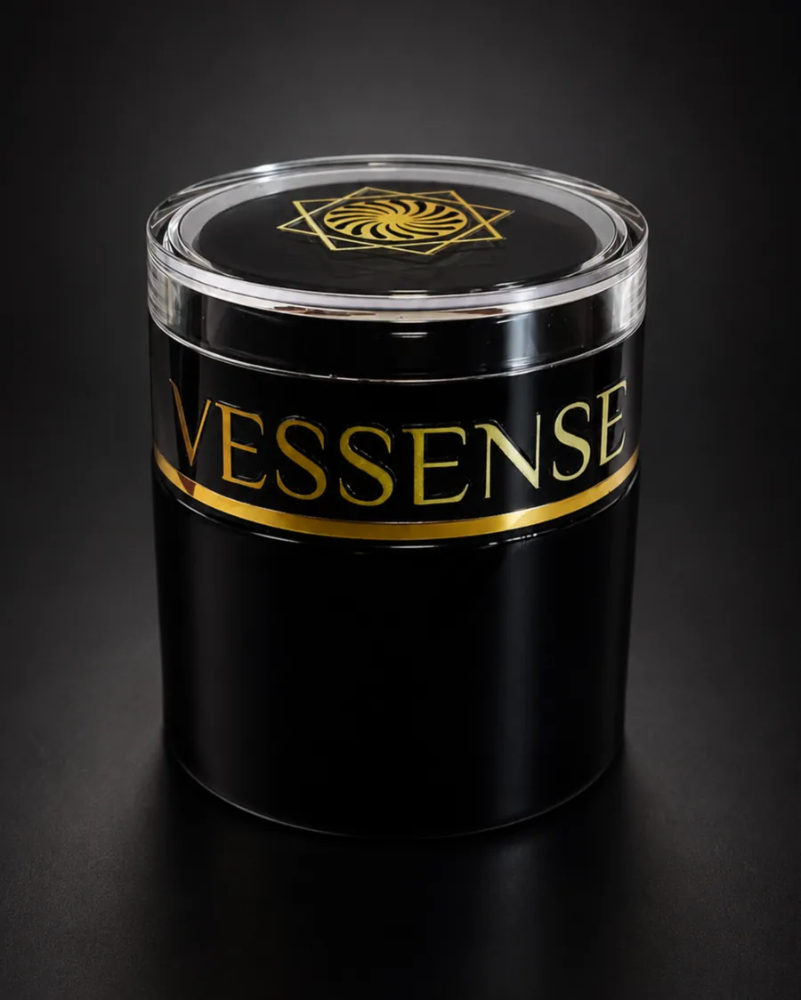 Schwarzer Glanzglas-Tiegel von VESSENSE mit goldenen Lettern, Studioporträt
