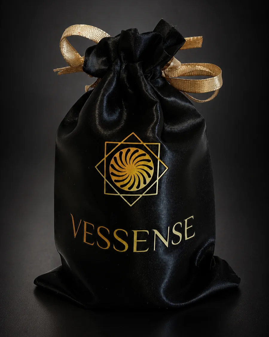 Schwarzer VESSENSE-Satinbeutel mit goldenem Emblem und Zugband
