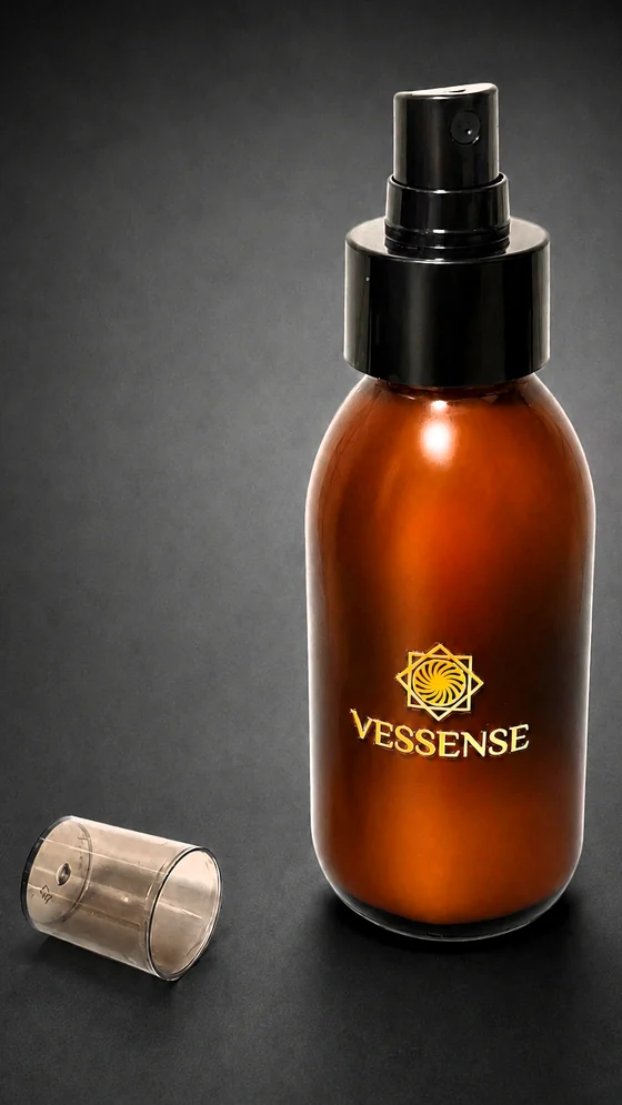 VESSENSE LE VOILE GRAND LARGE Sonnenmilch in einer 100-ml-Flasche aus dunklem Bernsteinglas mit schwarzer Pumpe